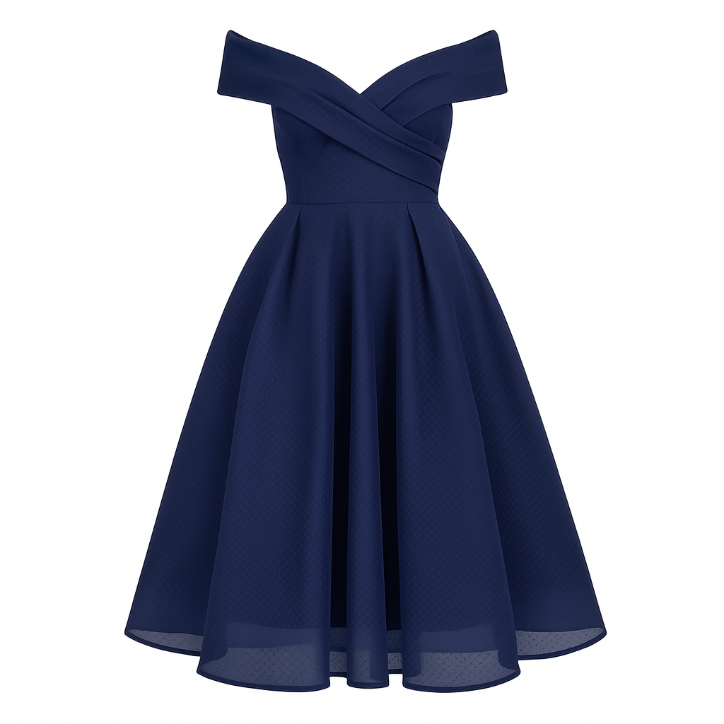 Off Shoulder Wedding Guest Dress – Midi Fit and Flare Style
