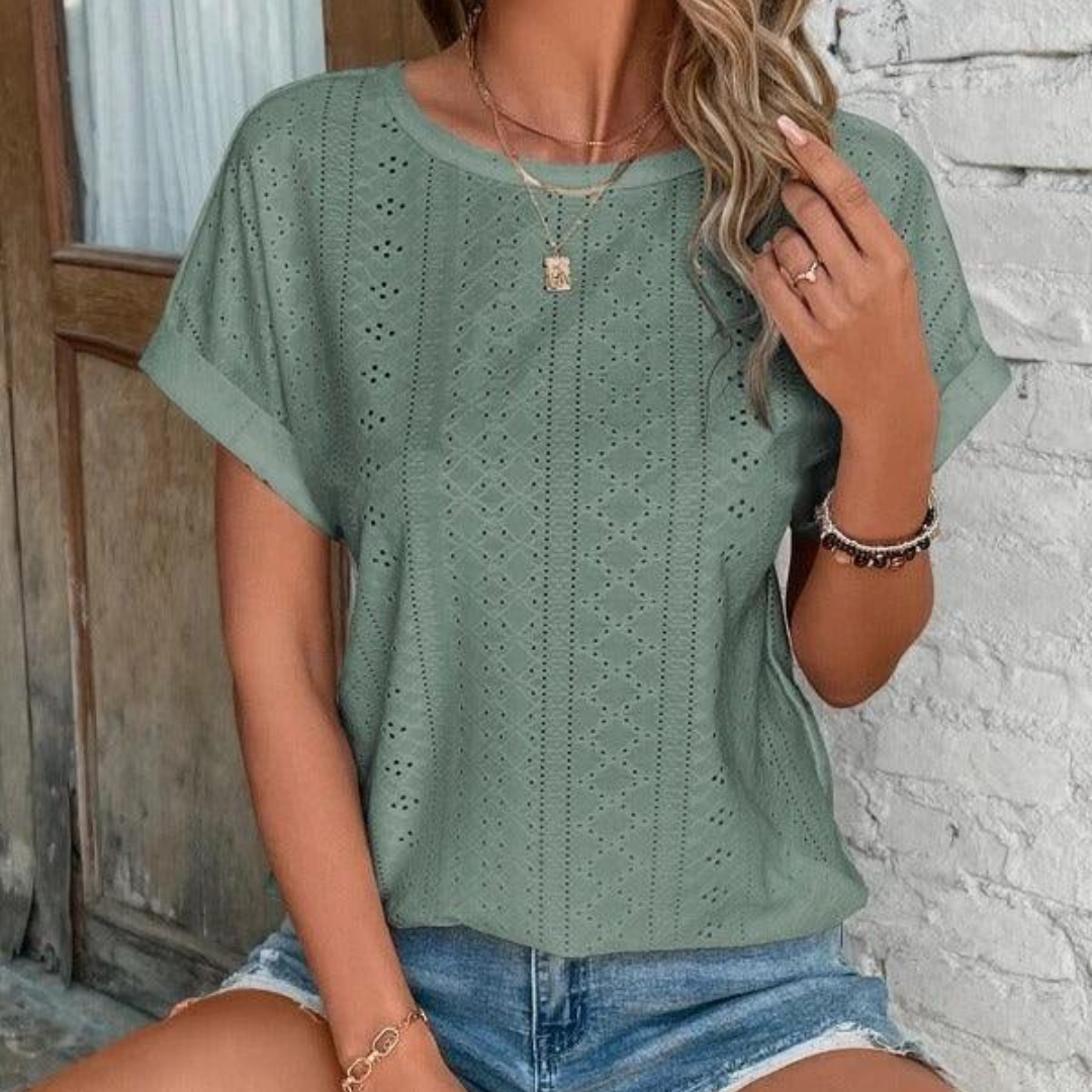 Trendy Eyelet Short Sleeve Cotton Top for Women