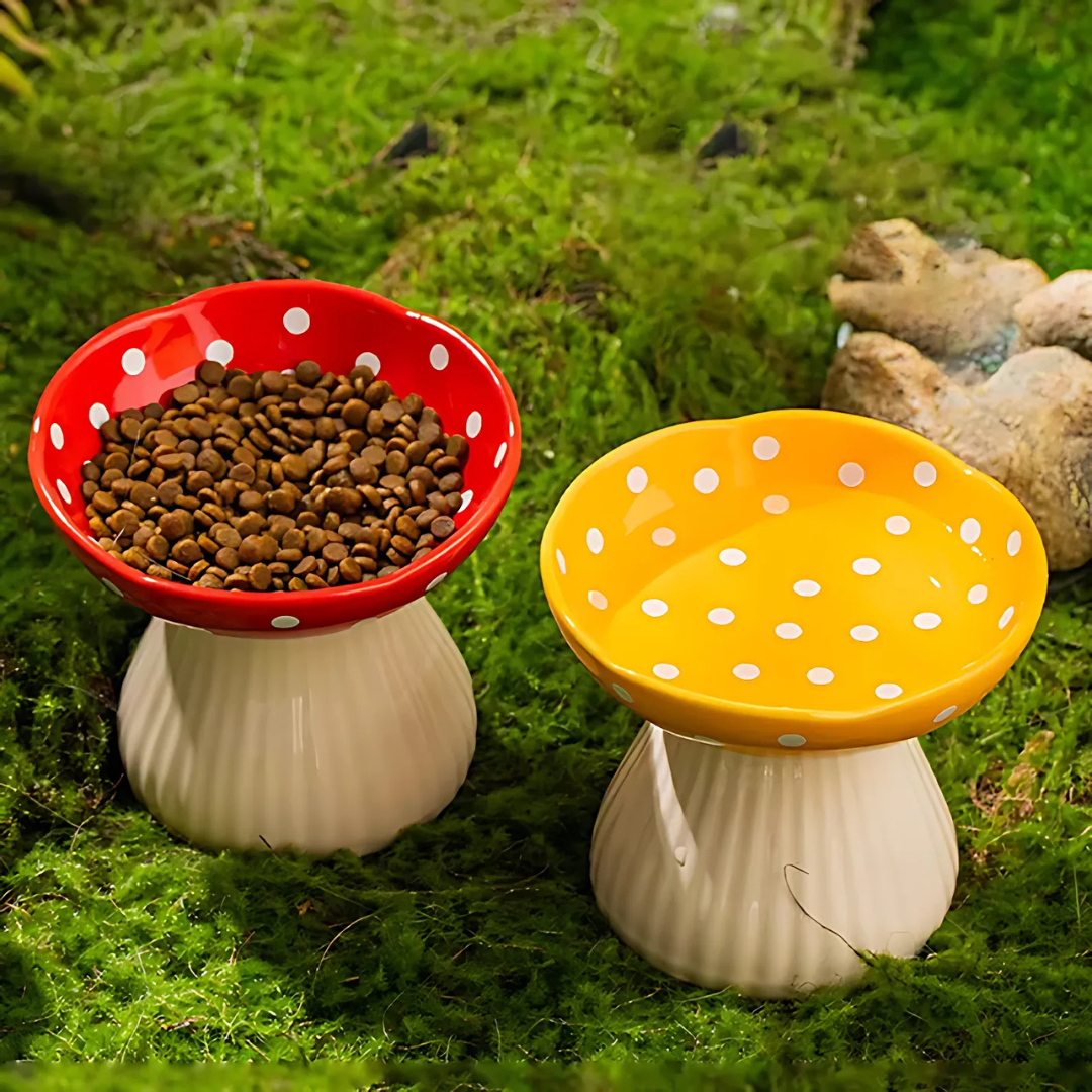 Elevated Ceramic Mushroom Cat Bowl