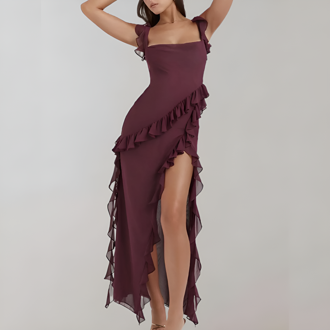 Elegant Chiffon Ruffled Slit Dress for Women