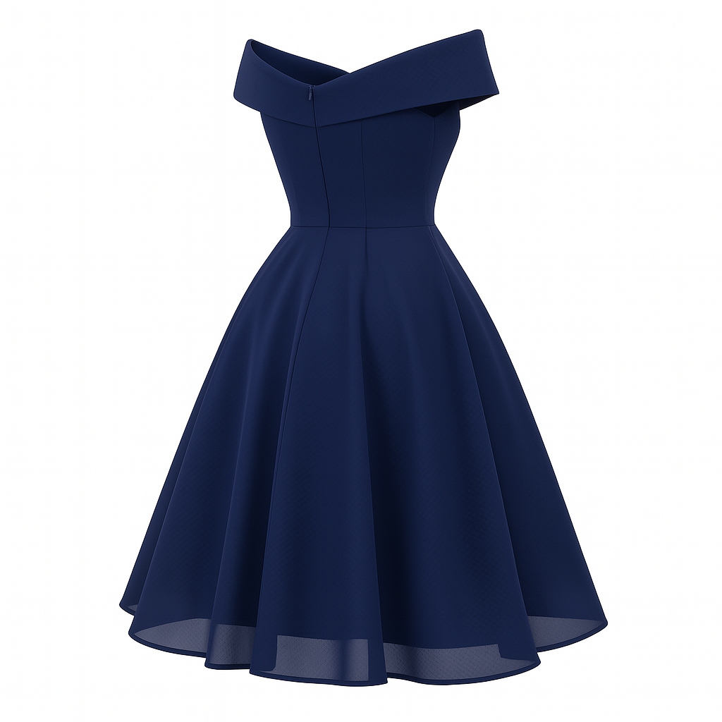 Off Shoulder Wedding Guest Dress – Midi Fit and Flare Style