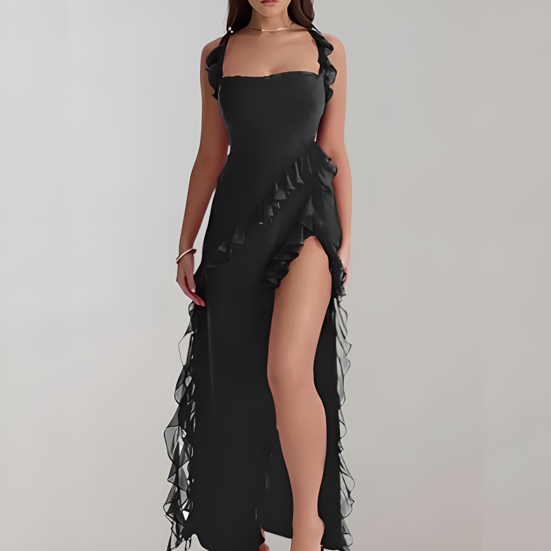 Elegant Chiffon Ruffled Slit Dress for Women