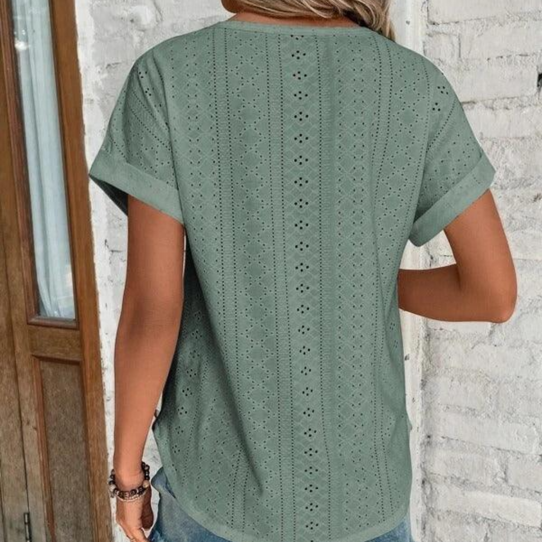 Trendy Eyelet Short Sleeve Cotton Top for Women