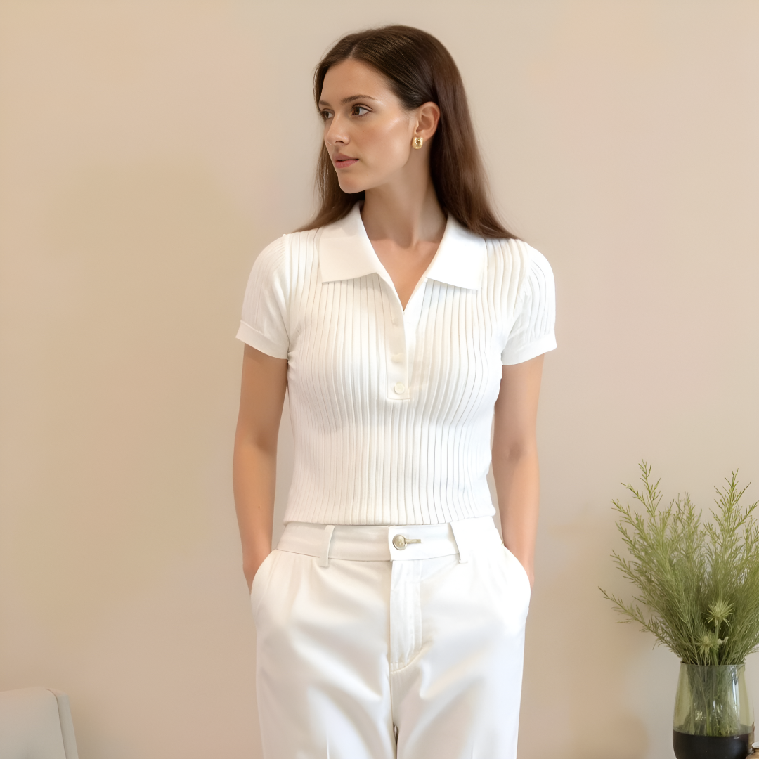 Ribbed Knit Short Sleeve Polo Shirt for Women