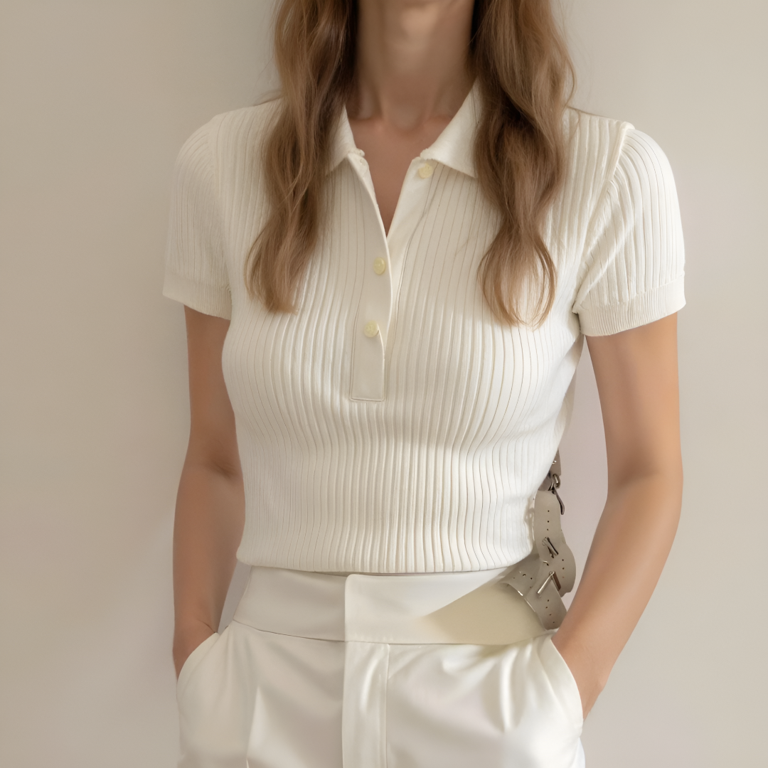 Ribbed Knit Short Sleeve Polo Shirt for Women
