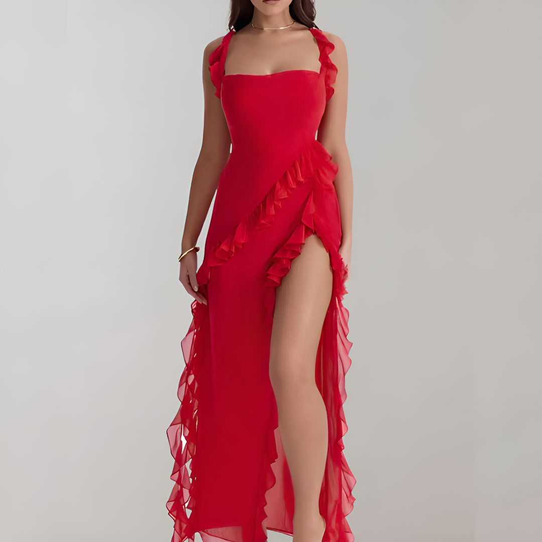 Elegant Chiffon Ruffled Slit Dress for Women