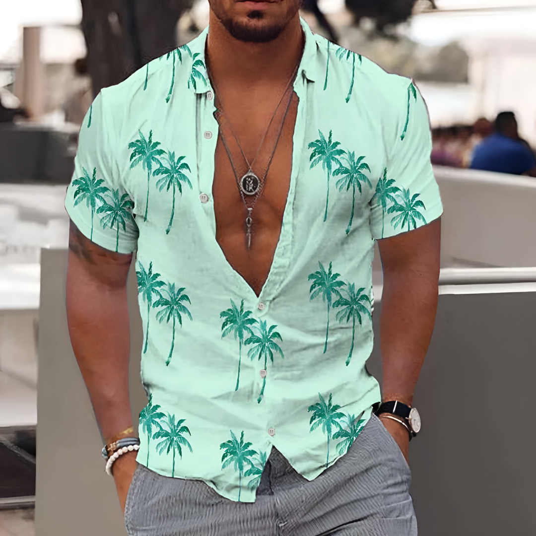 Palm Print Button-Up Shirt for Men