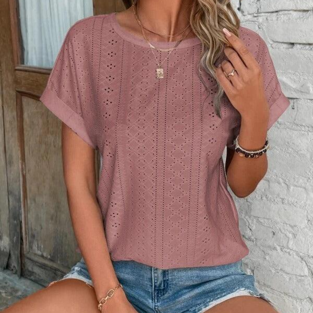 Trendy Eyelet Short Sleeve Cotton Top for Women