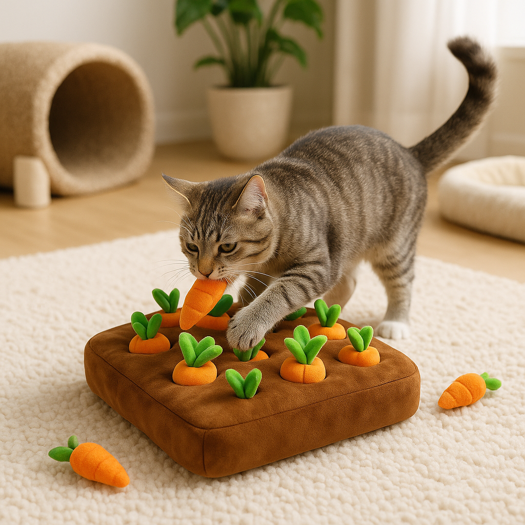 Cat Pillow Toy with Carrots – Interactive Play Cushion