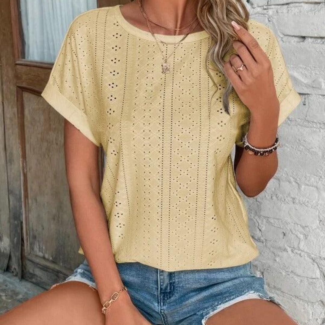 Trendy Eyelet Short Sleeve Cotton Top for Women