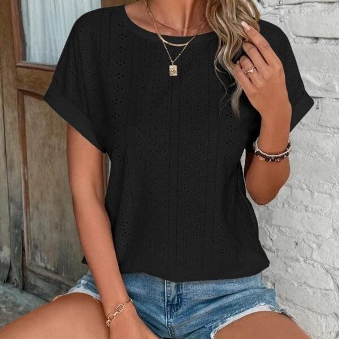 Trendy Eyelet Short Sleeve Cotton Top for Women