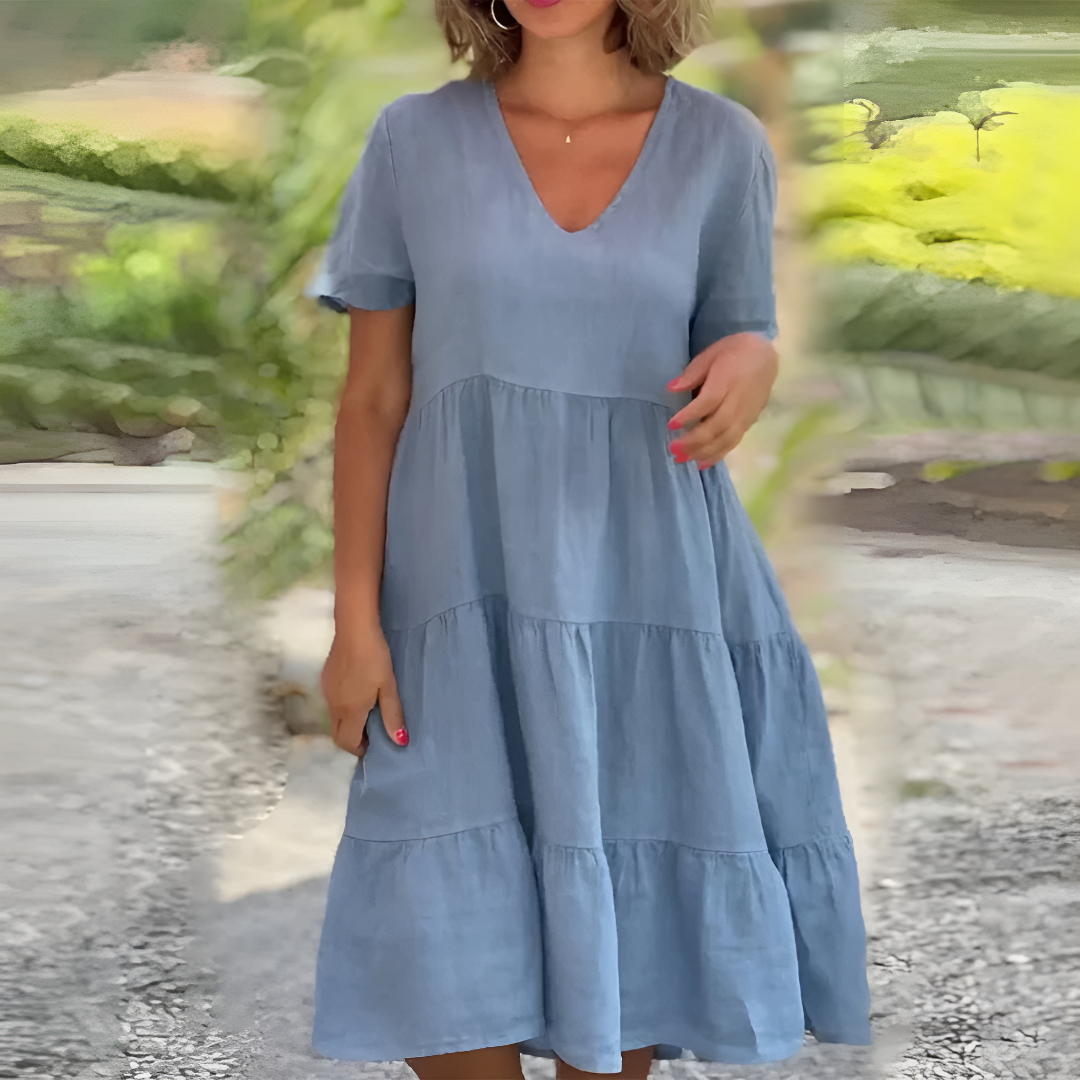 Relaxed Tiered V-Neck Midi Dress for Women