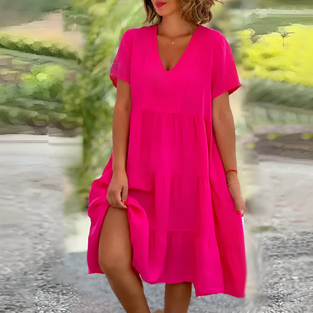 Relaxed Tiered V-Neck Midi Dress for Women