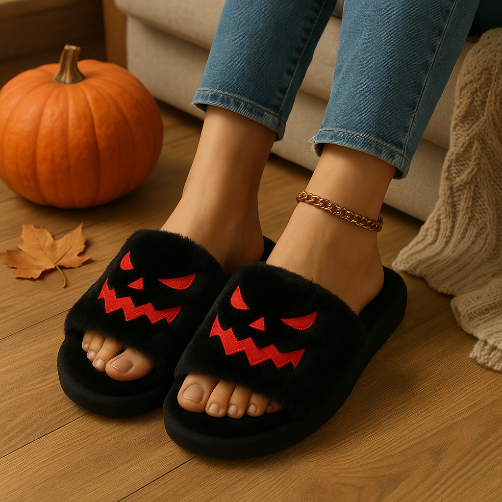 Cozy Halloween Pumpkin Plush Slippers with Non-Slip Sole