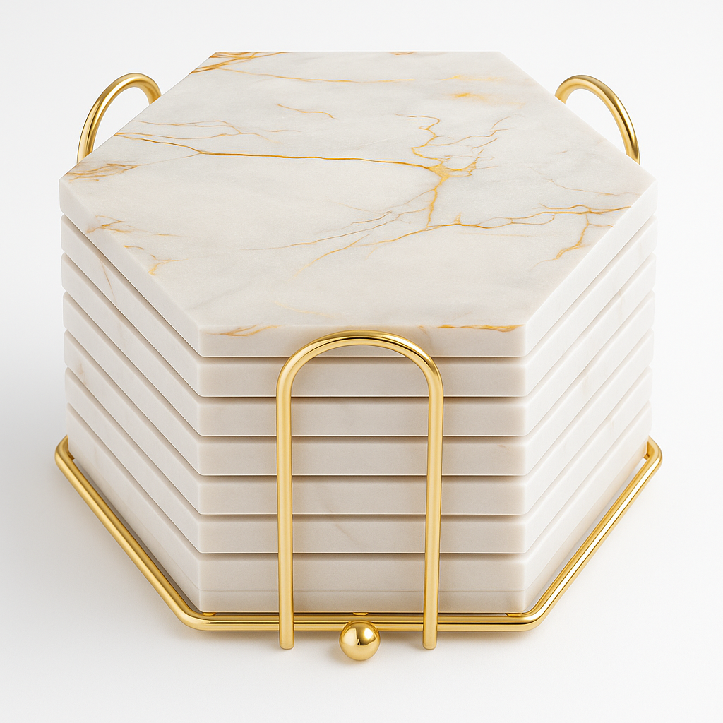 Marble Drink Coasters Set - Absorbent with Holder