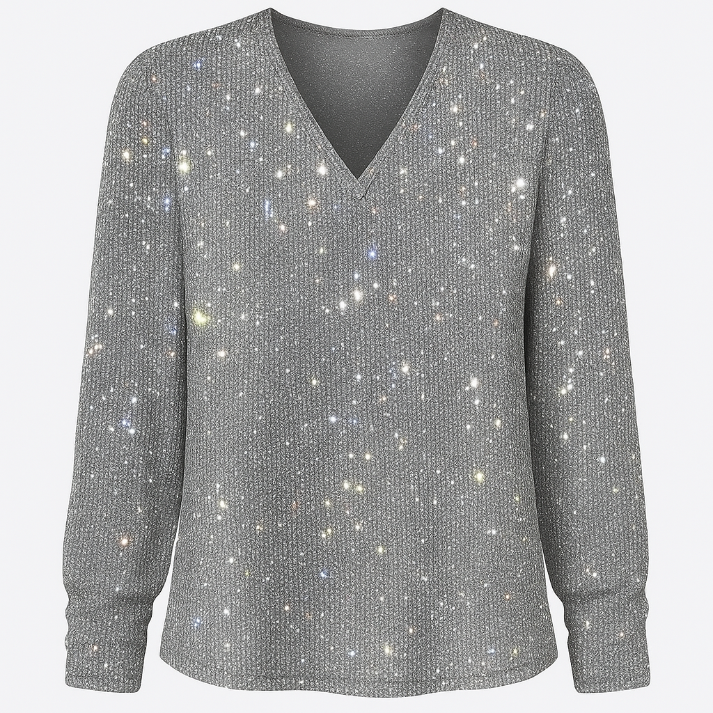 Sparkly Long Sleeve Top With V-Neck For Women