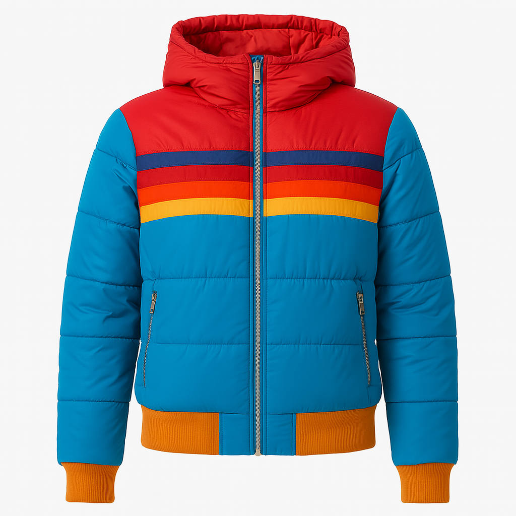 Women’s Puffer Jacket – Retro Color Block Winter Coat