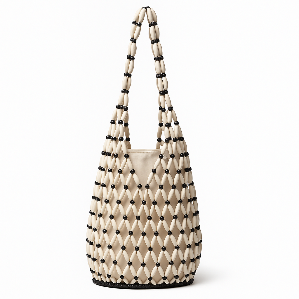 Woven-Handbag Summer-Beach Tote – with Wooden Beads