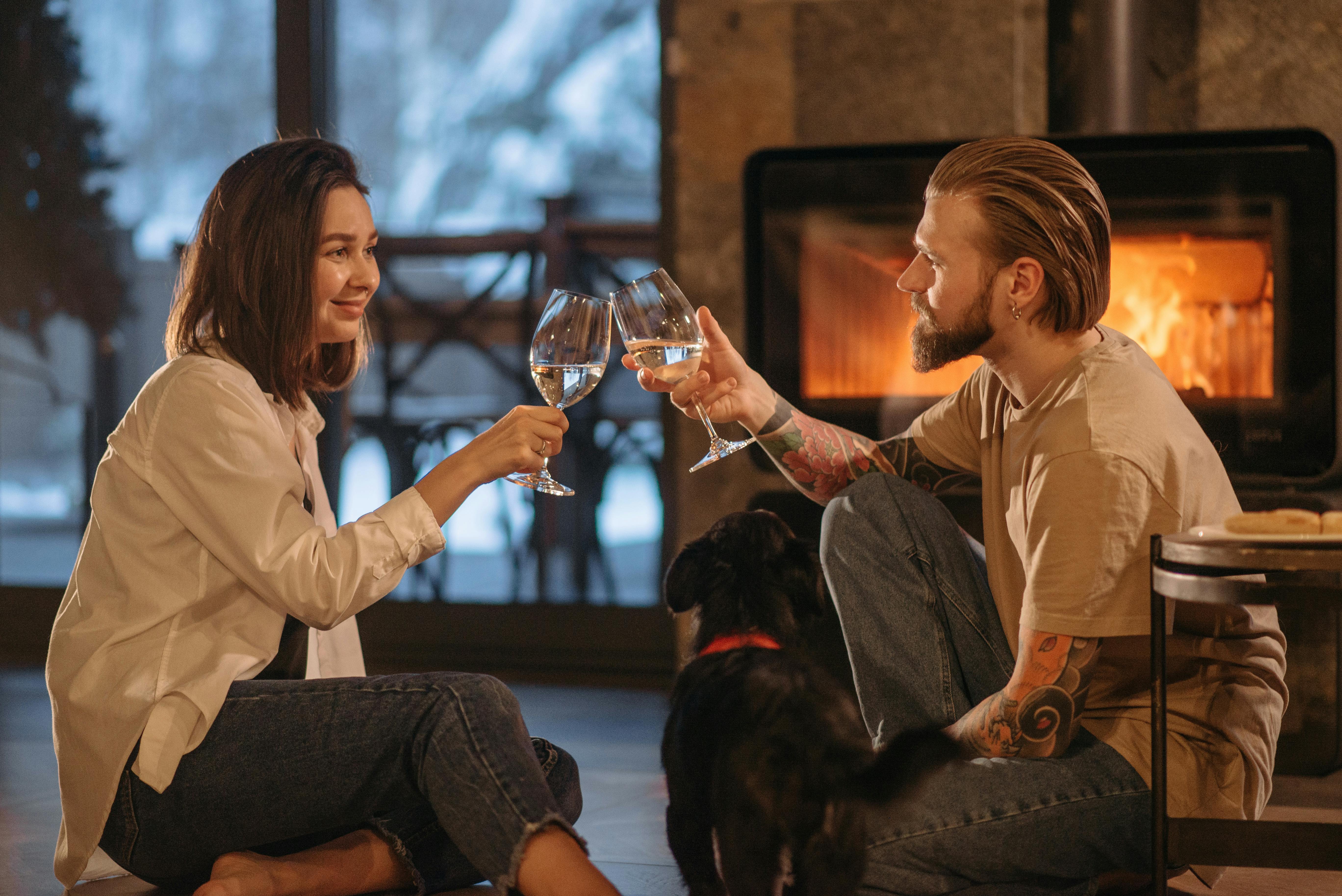 Couple sitting by a fireplace with a dog, clinking wine glasses.