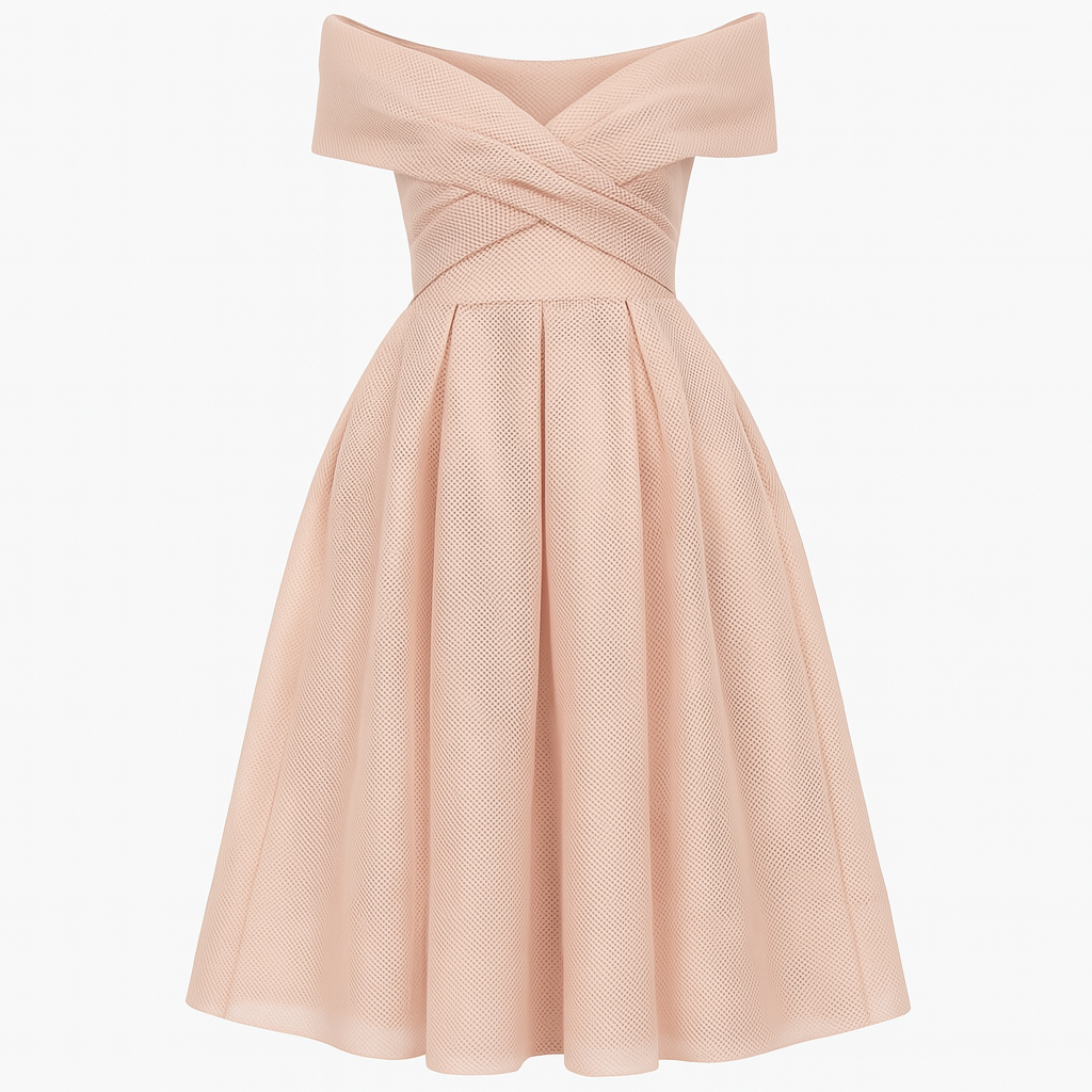 Off Shoulder Wedding Guest Dress – Midi Fit and Flare Style