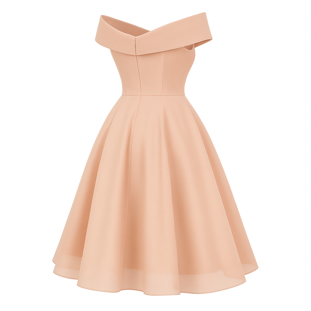 Off Shoulder Wedding Guest Dress – Midi Fit and Flare Style