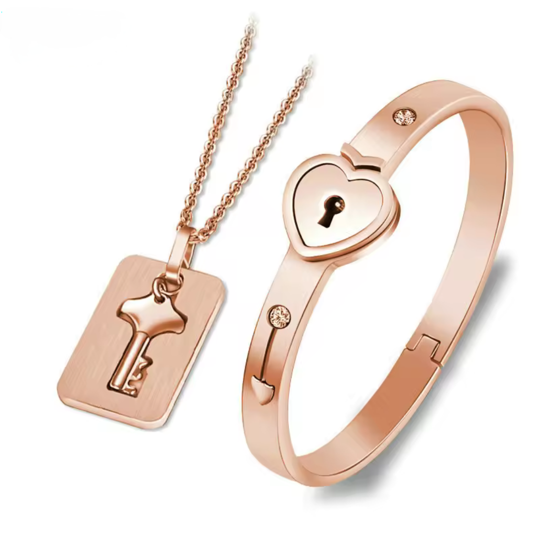 Lock and Key Bracelet and Necklace Set