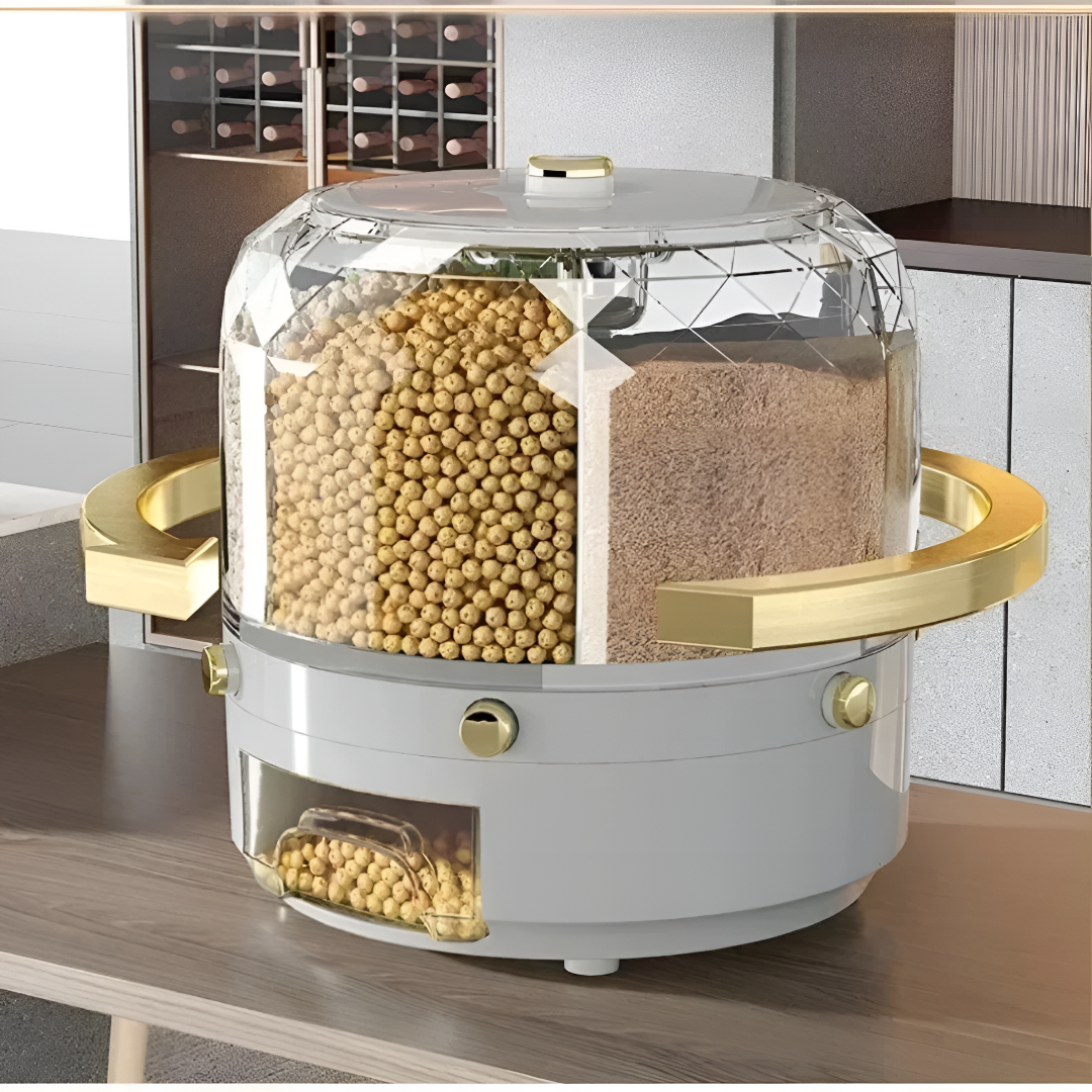 Rotating Grain Dispenser with 6-Grid 360° Storage Organizer