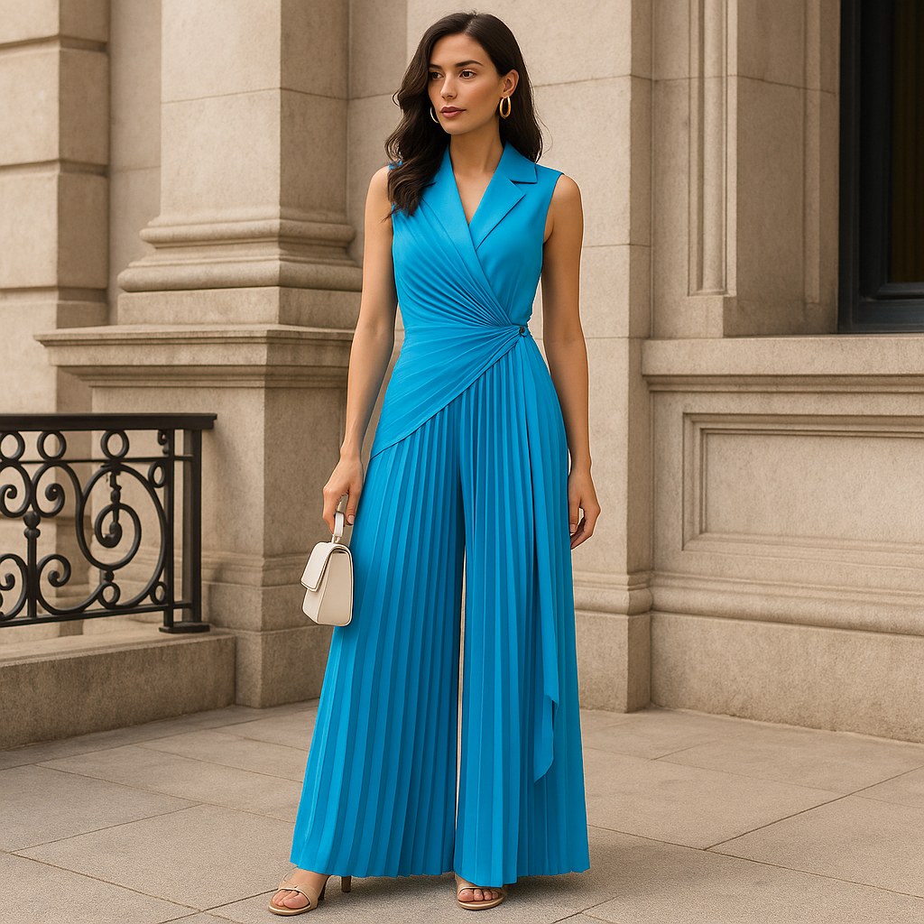 Wide Leg Jumpsuit – Pleated Sleeveless Romper for Women