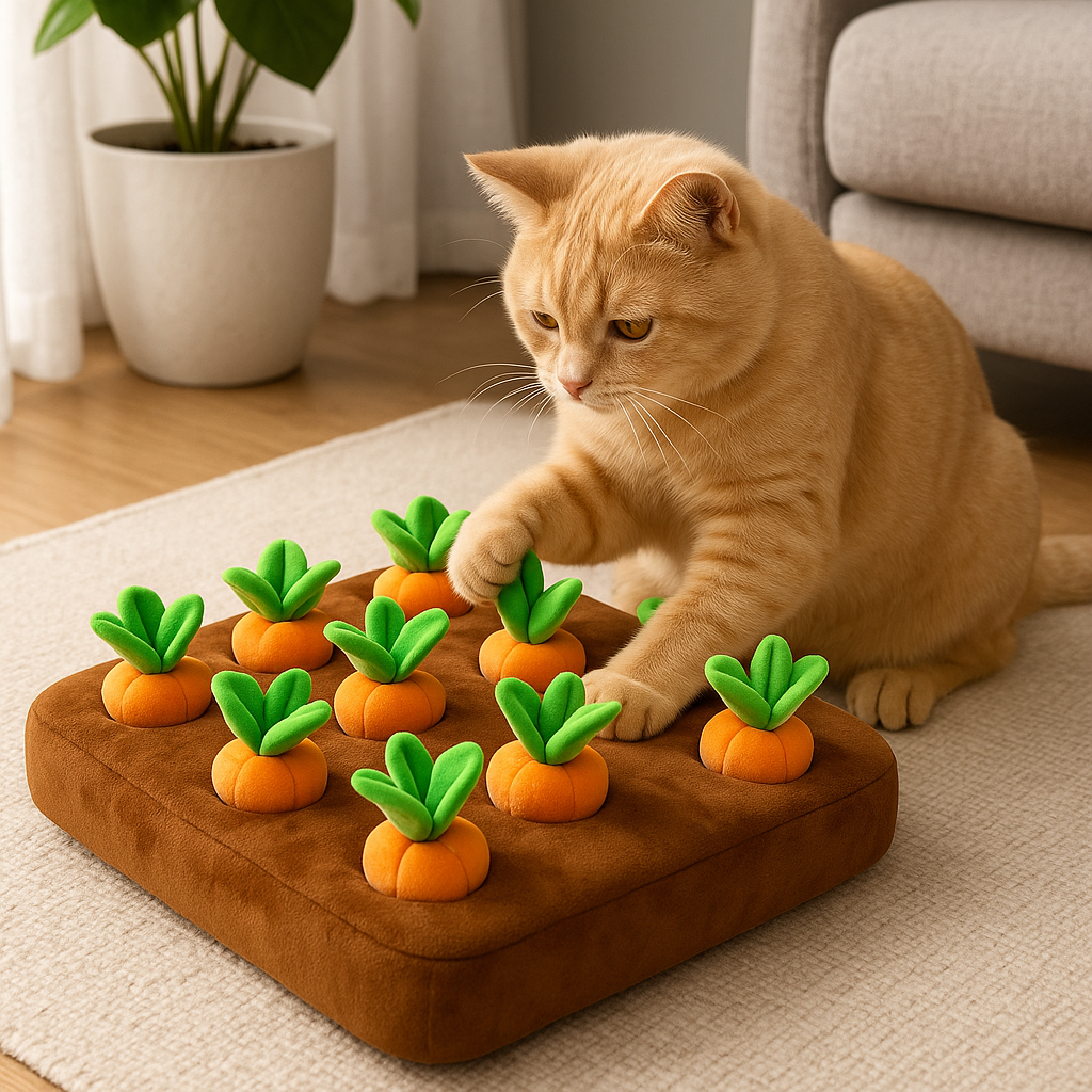 Cat Pillow Toy with Carrots – Interactive Play Cushion