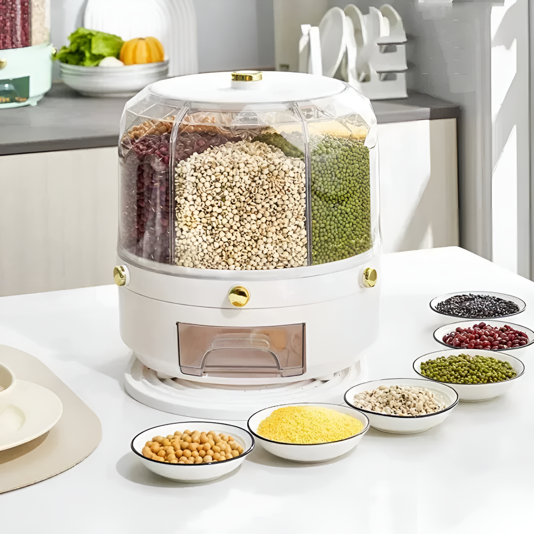 Rotating Grain Dispenser with 6-Grid 360° Storage Organizer
