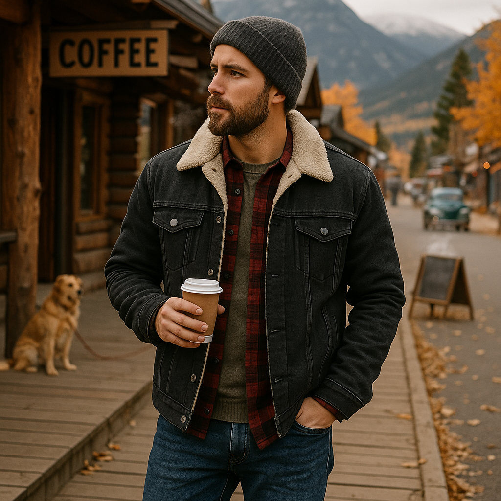 Denim Sherpa Jacket Casual Outerwear for Men