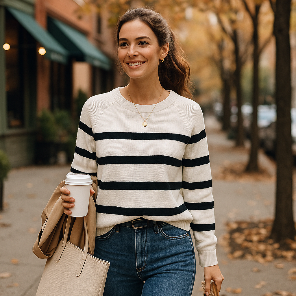Pullover Crew Neck Sweater With Stripes for Women
