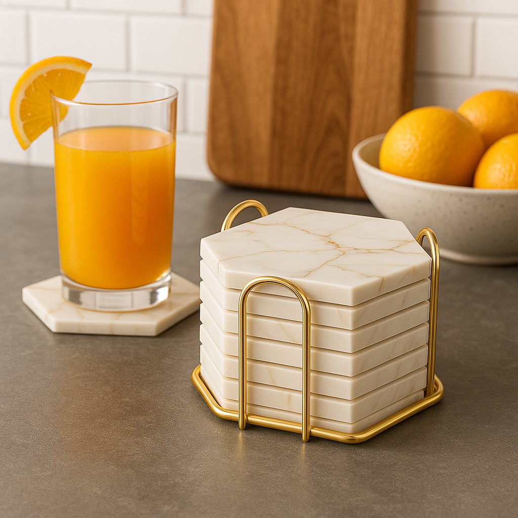 Marble Drink Coasters Set - Absorbent with Holder