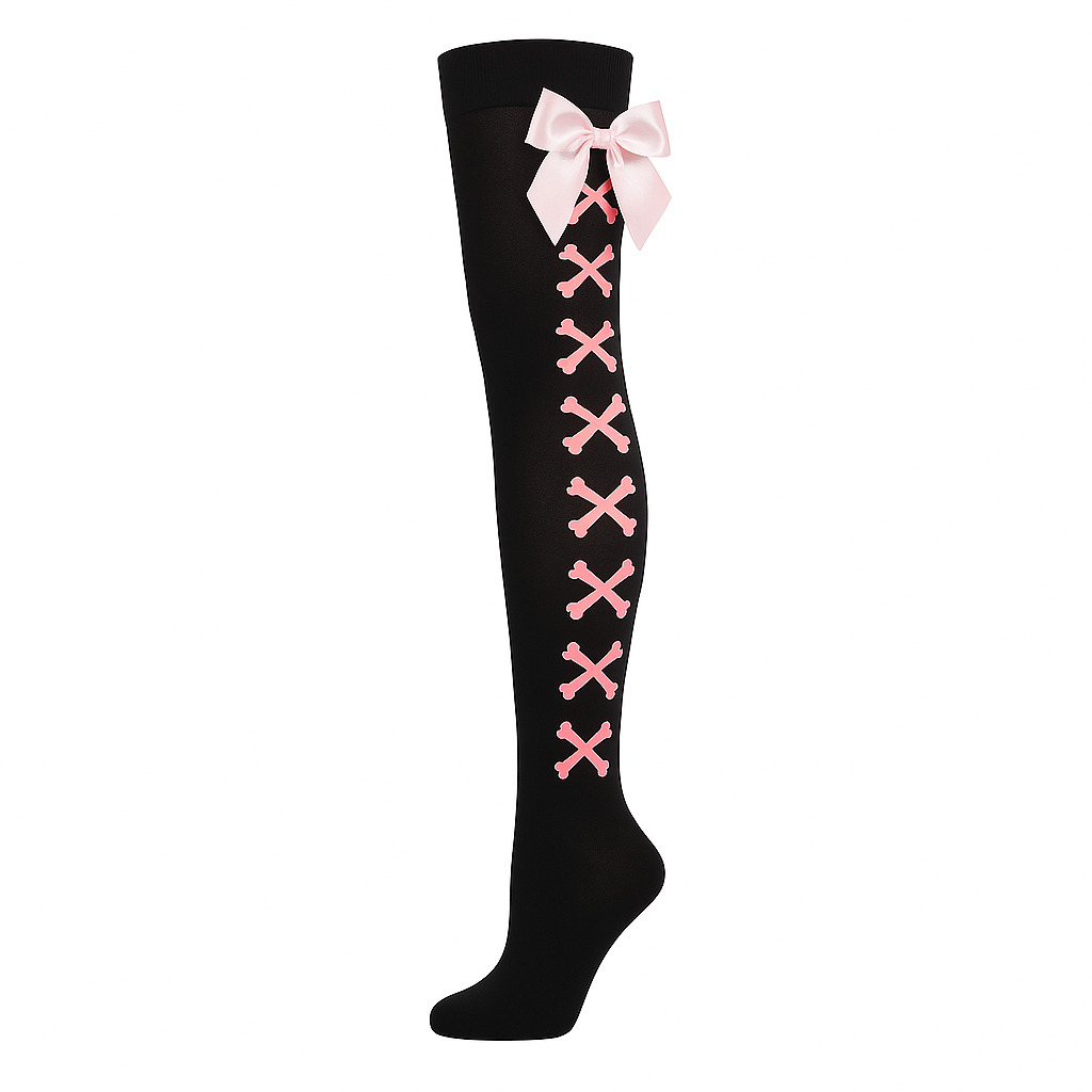 Knee High Socks With Bows Gothic Crossbone Style For Women