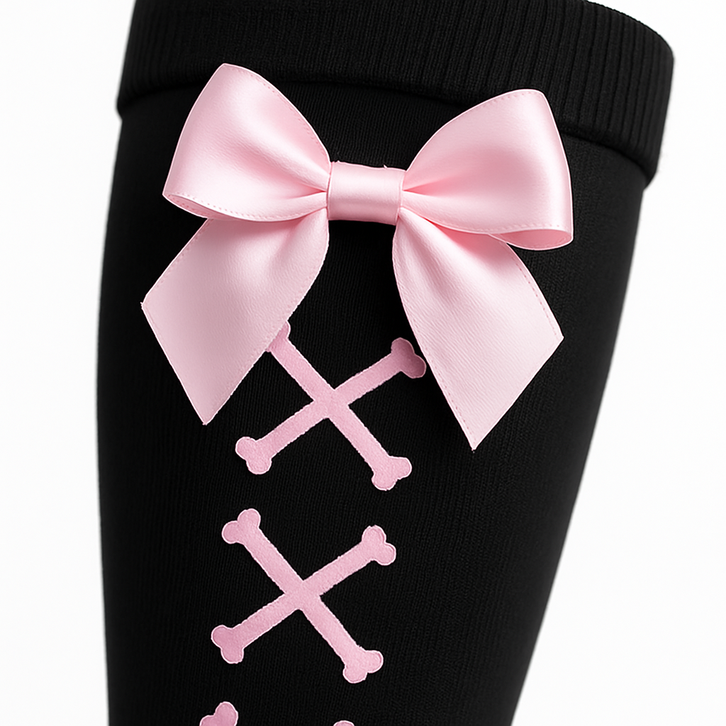 Knee High Socks With Bows Gothic Crossbone Style For Women