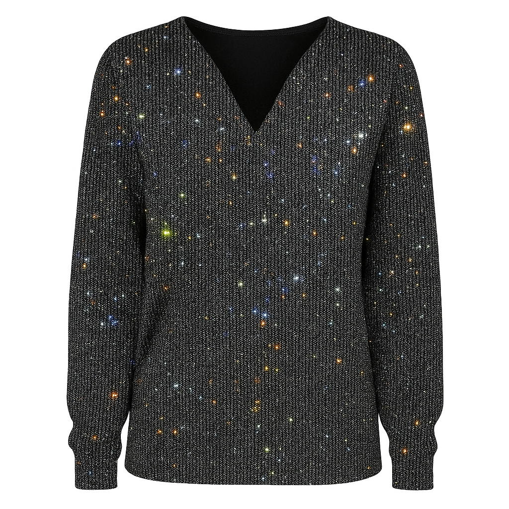 Sparkly Long Sleeve Top With V-Neck For Women