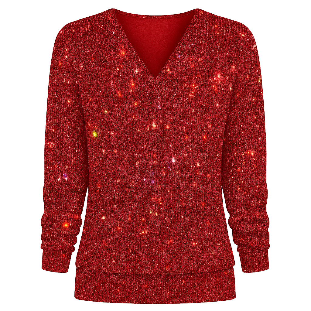 Sparkly Long Sleeve Top With V-Neck For Women