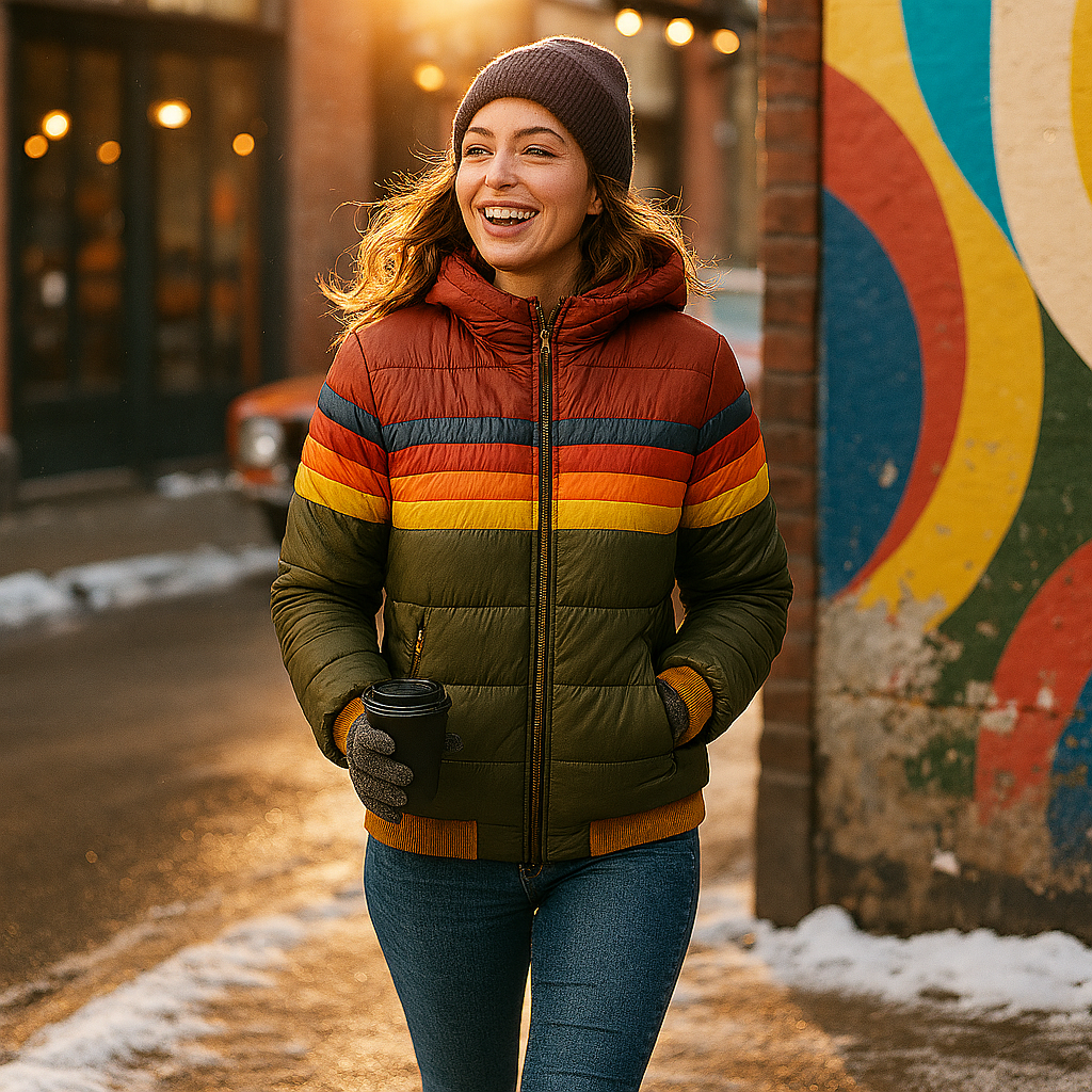 Women’s Puffer Jacket – Retro Color Block Winter Coat