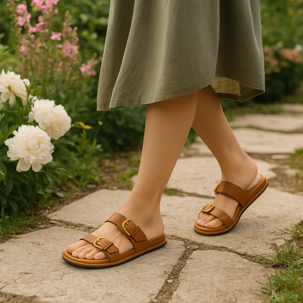 Tan Flat Sandals – Buckle Strap Summer Sandals for Women