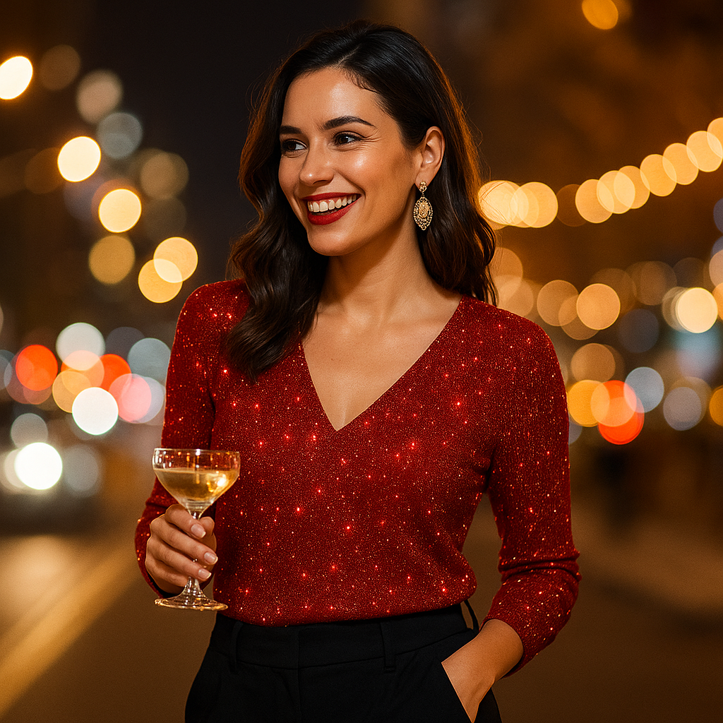Sparkly Long Sleeve Top With V-Neck For Women